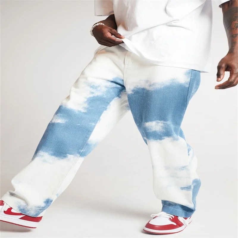 

2020 Mens Tie-dyed Denim Straight-fit Pant Washed Comfort Stretch Chino Comfort Rise Relaxed Straight Leg Jeans for All Seasons