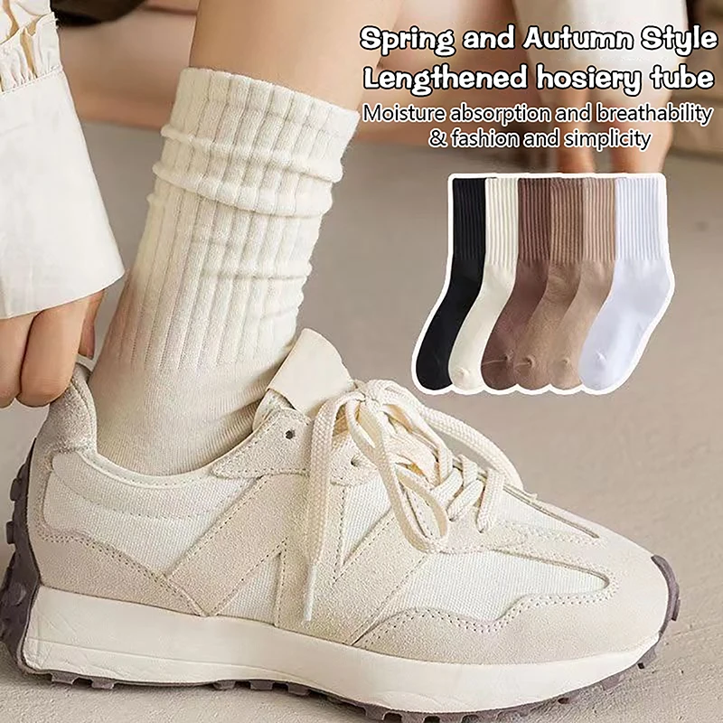 

Носки для спорта на открытом воздухе, носки со складками, однотонные женские носки, модные хаки, коричневые, белые, милые хлопковые носки для девочек, Корея