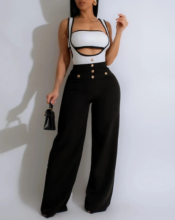 

Two Piece Set Women Outfit 2024 Summer Contrast Binding Bandeau Crop Top & Casual High Waist Button Suspender Jumpsuit Set