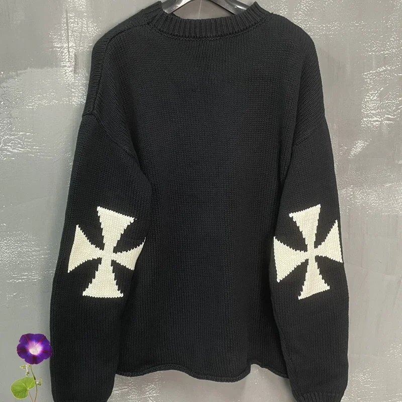 

Askyurself Sweaters Cross Jacquard Black White All Match Men Women Couples ASKYURSELF Knit Crew Neck Pullovers Tops