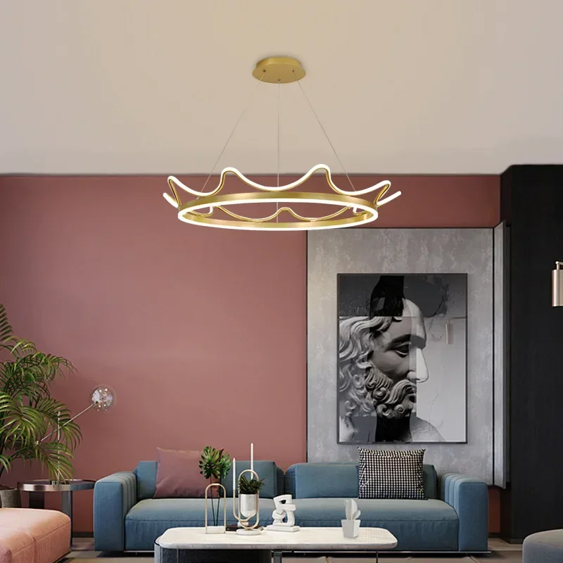 

Modern LED Strip Crown Shape Ring Chandelier Gold Pink Stainless steel Pendant Light For Baby Kids Bedroom Ceiling Lamp