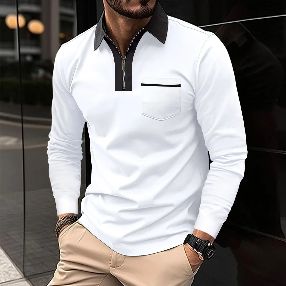 

Fashion 2023 Autumn Men's Turn-Down Collar Long Sleeved Slim Pocket Shirts for Men T-shirt Polo Casual Top Men Clothing New