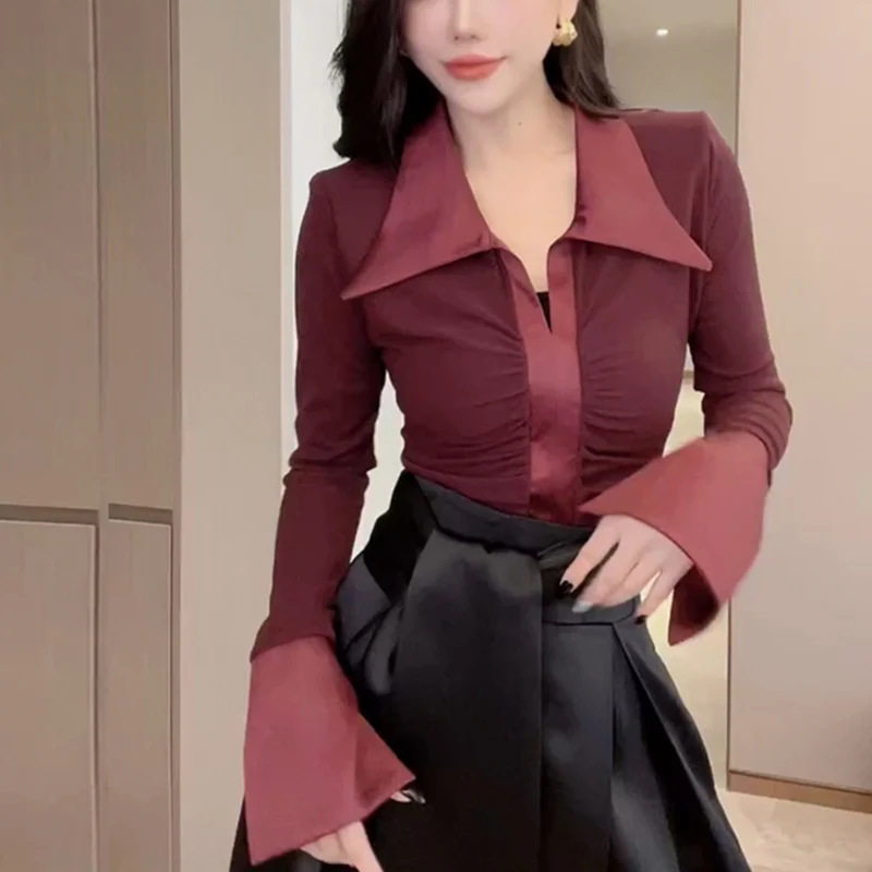 

Fashion Lapel Spliced Folds Flare Sleeve Shirts Women's Clothing 2023 Autumn Winter Oversized All-match Tops Office Lady Blouses