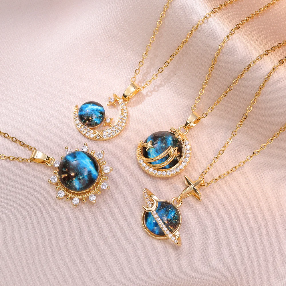 

Light luxury retro micro inlaid zircon star moon blue starry sky necklace for women, pendant