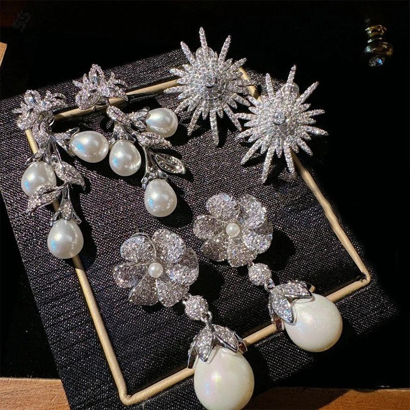 

Women Wedding Garment Accessories Fine Pearl Earrings Fashion Charm Silver Metal Inlaid White Gems Zircon Flower Ear-studs