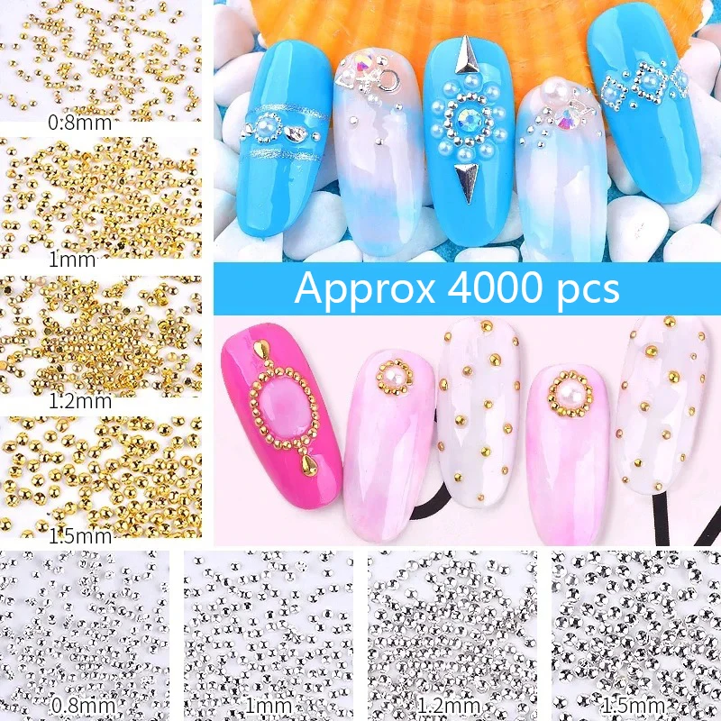 4 Packs Approx 4000pcs Gold Silver Mini Caviar Bead 0.8mm/1mm/1.2mm/1.5mm Mixed Half Round Metal Nail Studs Nail Art Decorations
4 Packs Approx 4000pcs Gold Silver Mini Caviar Bead 0.8mm/1mm/1.2mm/1.5mm Mixed Half Round Metal Nail Studs Nail Art Decorations
