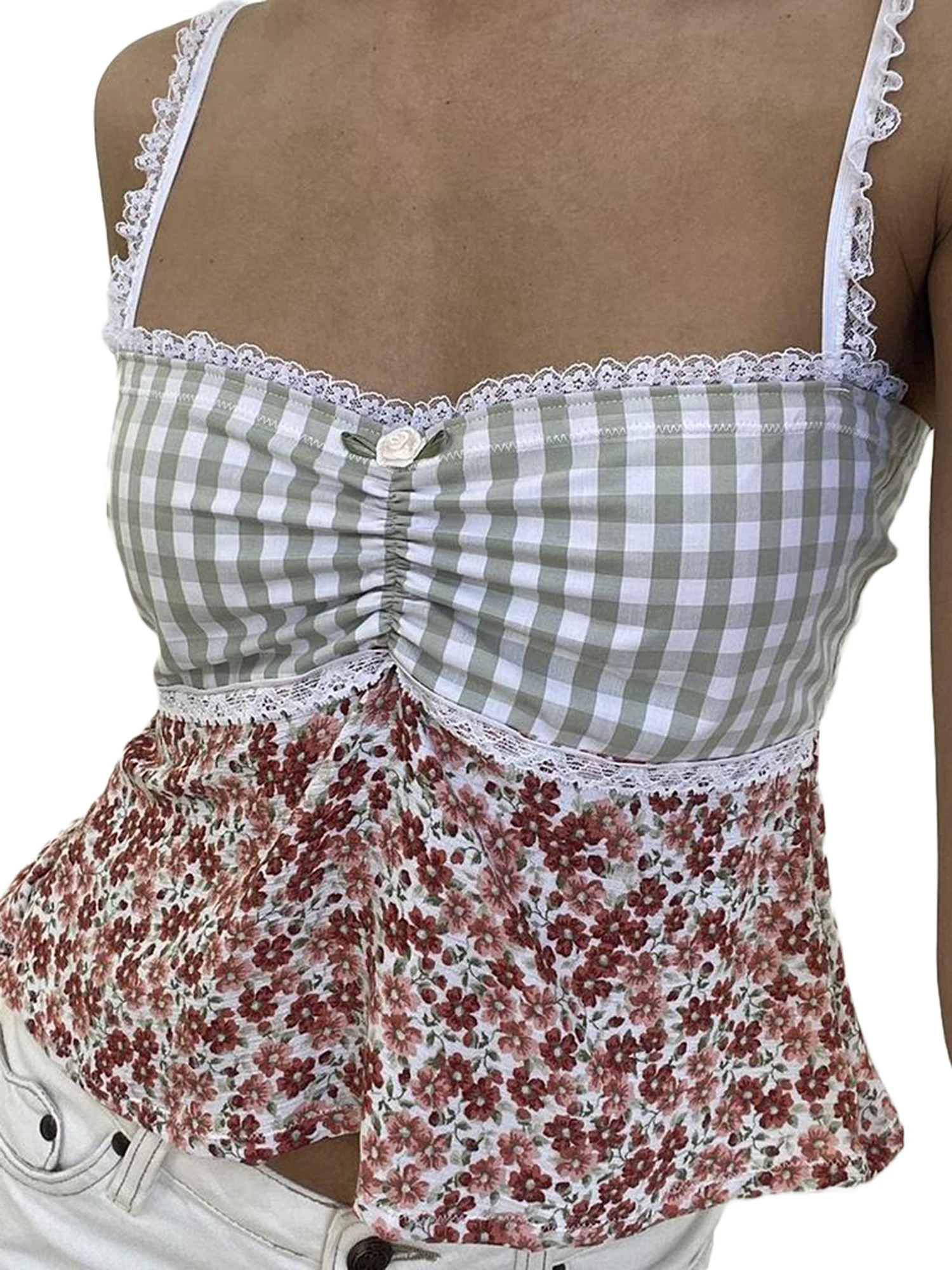

Retro-Inspired Floral Crop Top with Square Neckline Spaghetti Straps and Backless Design - Perfect for Aesthetic Outfits and