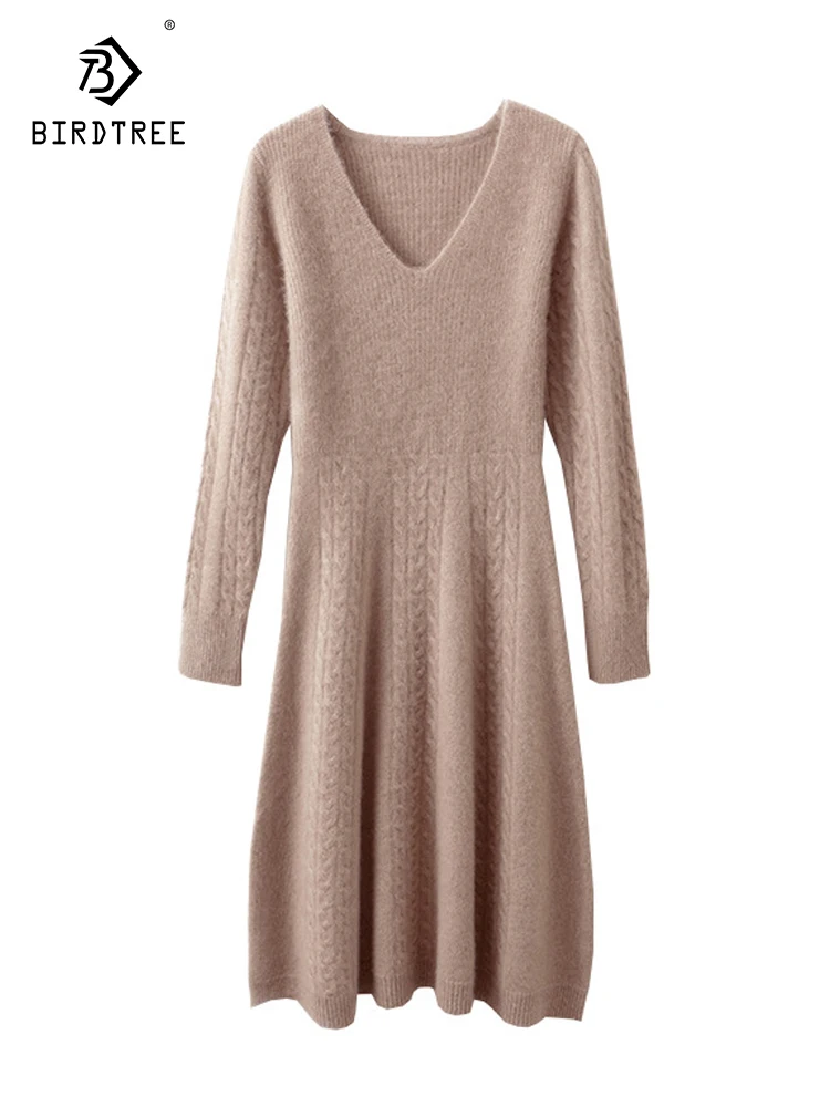 

Birdtree 100%Wool Thickened Warm Solid Knitted Dress Long Sleeve Jacquard Medium Length Sweater Dress Autumn Winter New D3N641QC