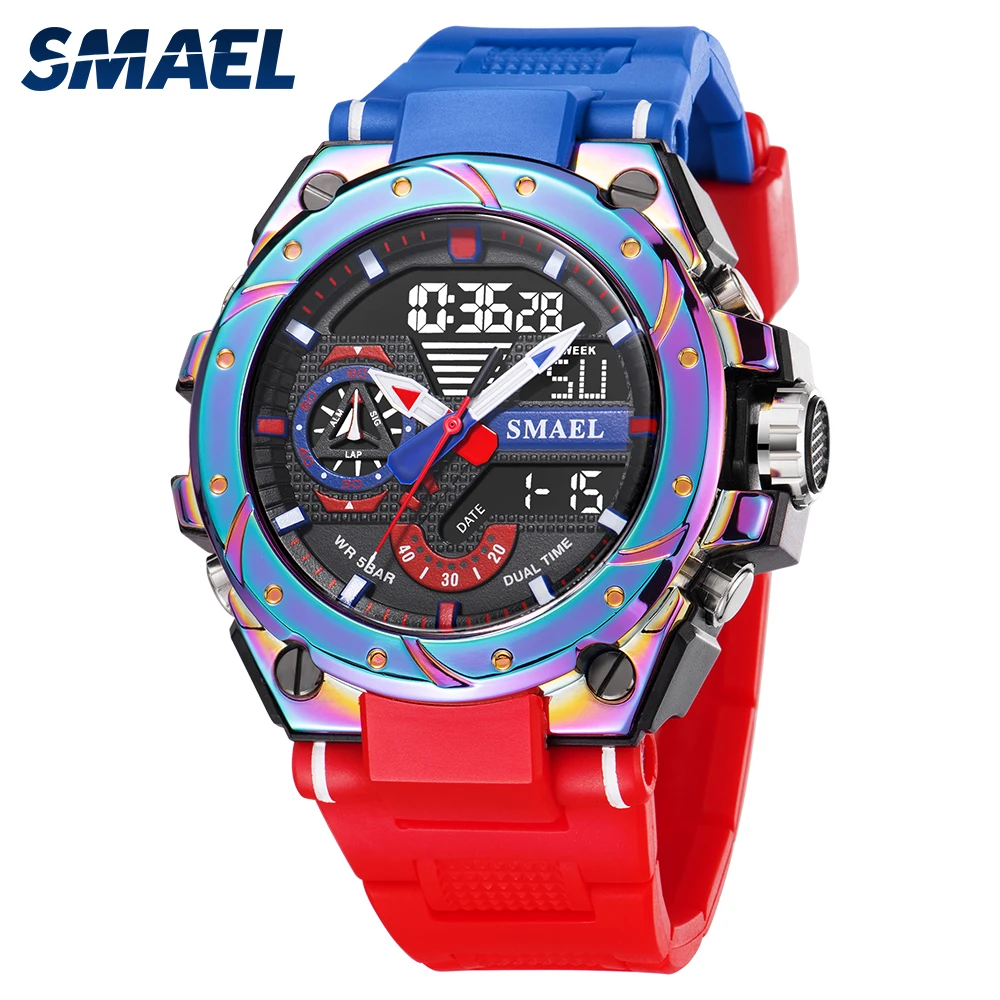 

Smael Fashion Rainbow Watch Men Sports Watches Watcholorful Red Bracelet 50M Waterproof Alarm Clock Analog Digitals Watch 8060