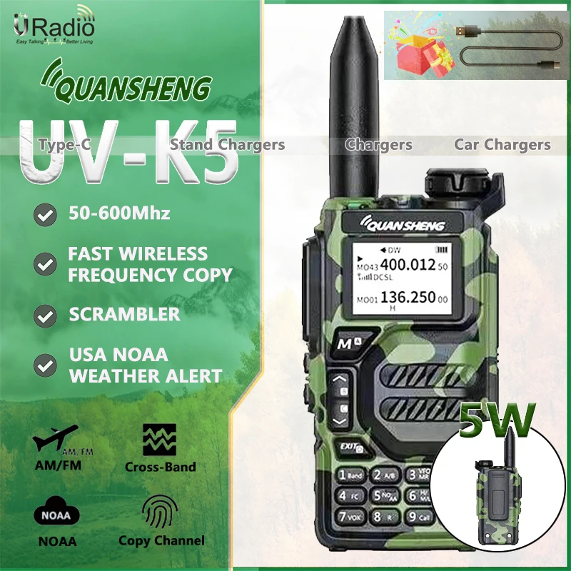 

Quansheng UV-K5 Walkie Talkie 5W 50-600MHz Radio UHF VHF NOAA Scrambler /DTMF Wireless Frequency Copy UV-K58 UV-K6 Two Way Radio