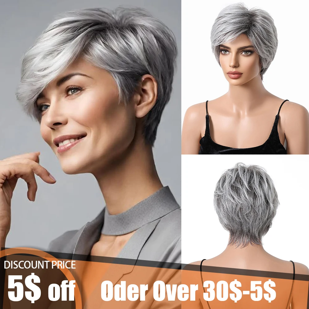 

Short Layered Gray Silver Hair Wig for Women Pixie Cut Blend Wigs Human Hair Natural Fluffy Mixed Synthetic Wig High Temperature