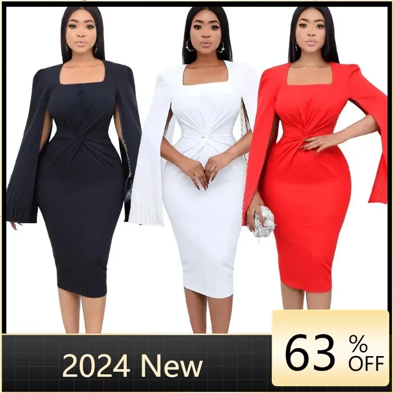 

African Dresses for Women Spring 2024 Elegant Cloak Sleeve Polyester Red White Black Party Bodycon Dress Dashiki Africa Clothing