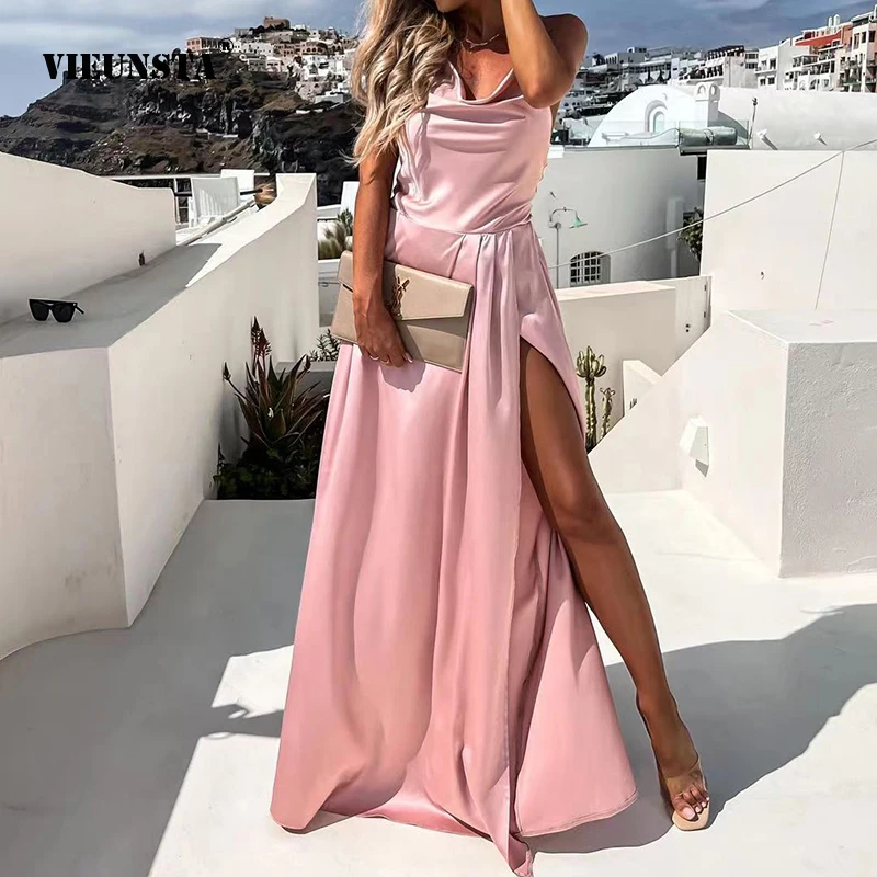 

Vestido 2022 Summer Fashion Elegant Solid Color Dress Women's Sexy V-Neck Slit Open Back Strap Irregular Sling Long Dresses XXL