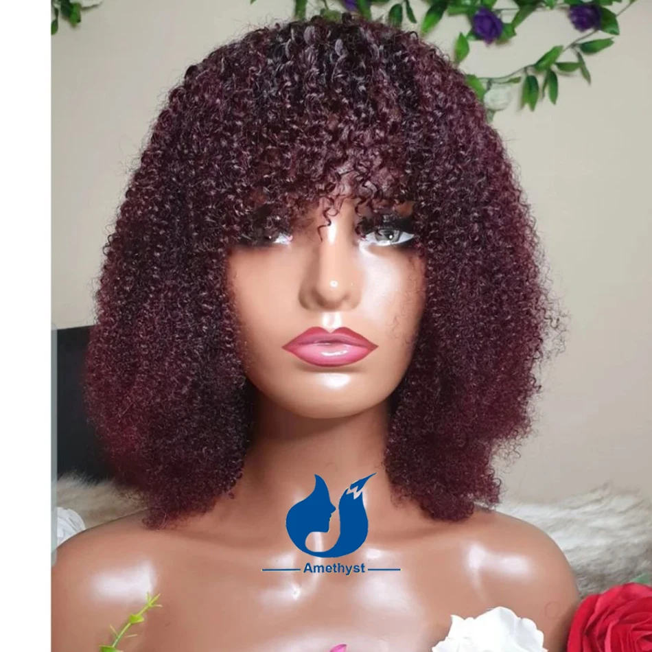 

Amethyst Burgundy Red Ombre Scalp Top Full Machine Human Hair Wig For Women With Bangs Brazilian Remy Afro Kinky Curly 99J Bob