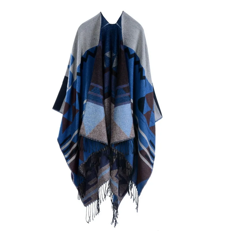 

Bohemian Tassel Imitation Cashmere Autumn Winter National Style Travel Fork Cape Ponchos Capes Lady Poncho Navy