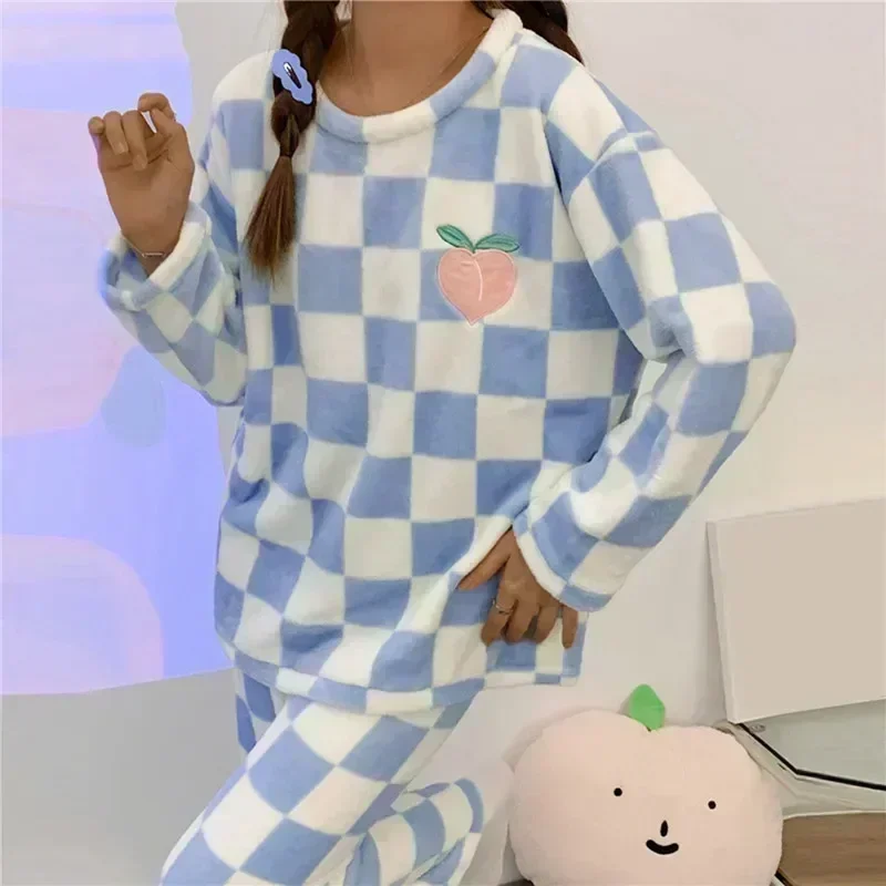 

Night Homewear Pajama Plaid Cartoon Loung Pyjamas Kawaii Pijama Winter Women Flannel Girl Sleepwear Autumn Suits Mujer Sets PJ