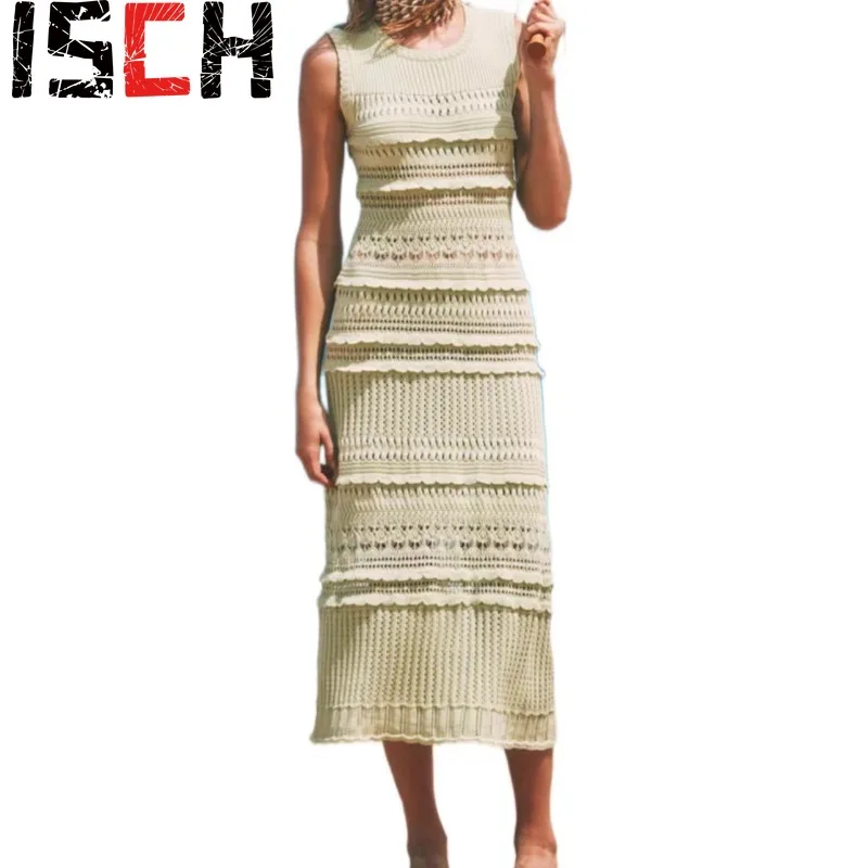 

2024 Spring New Hollowed Out Knitted Dress Fashion Splicing Commuter Casual Versatile Long Dress Round Neck Sleeveless Women's