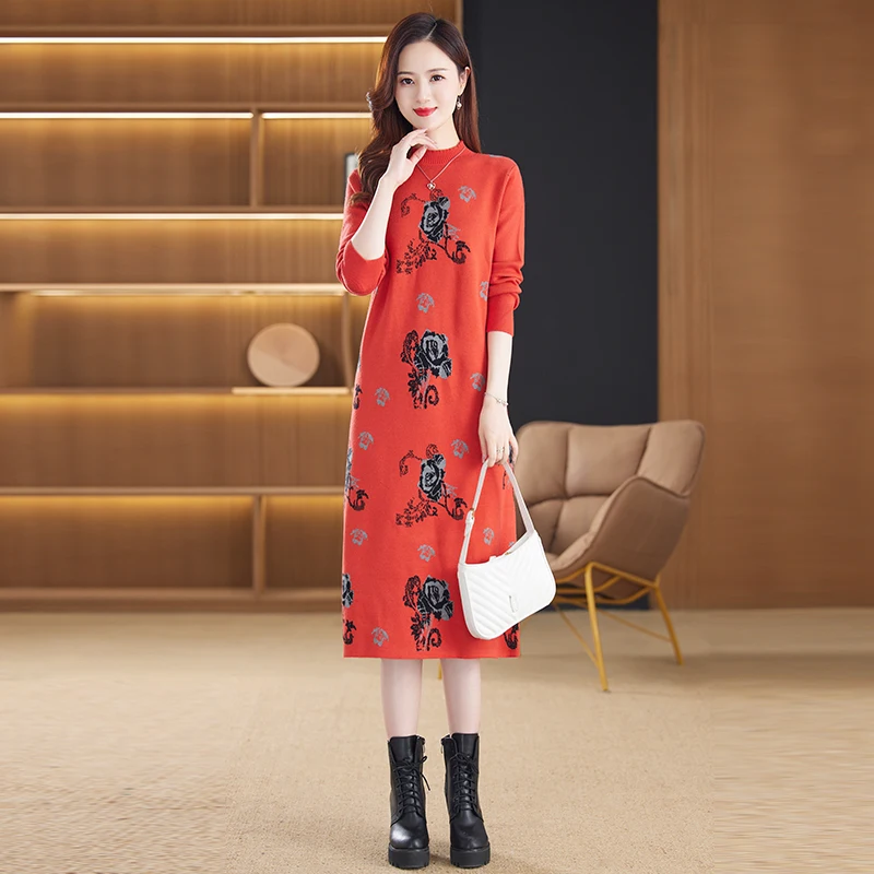 Women Black Rose Jacquard Orange Drsss Knitted Wool Loose Tunics Casual Fashion Sweater Dresses
Women Black Rose Jacquard Orange Drsss Knitted Wool Loose Tunics Casual Fashion Sweater Dresses