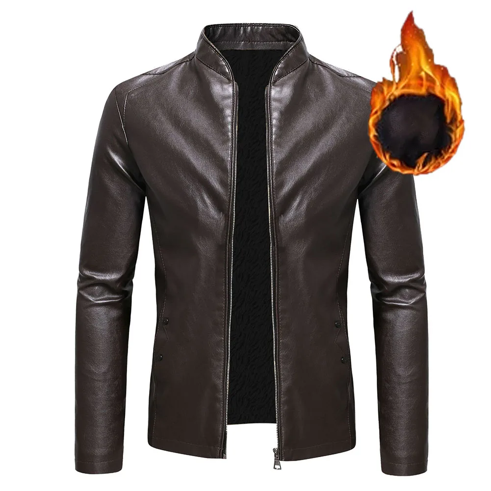 

Fashion Men's Pu Leather Jacket Fleece Lining Solid Color Stand Collar Slim Fit Long Sleeve Seam Pocket Coat Jackets Clothing