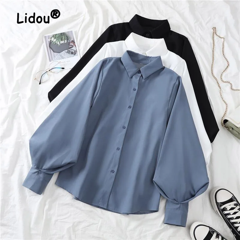 

Brief Office Solid Color Blouse Women Classic Lantern Sleeve Single-breasted Slim Polo Collar All-mach Lady Temperament Shirt