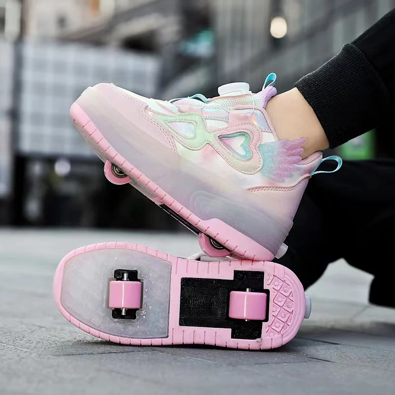 

USB Charging Flash Girls' Walking Shoes Two-wheeled Retractable Flash Roller Skates Shoes Children's Deformed Children's Sneaker