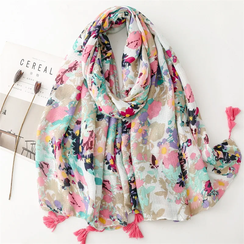 

2023 New Cotton Ombre Flower Print Tassel Scarf Shawls Long Women Floral Pattern Scarves Hijab Wrap Free Shipping