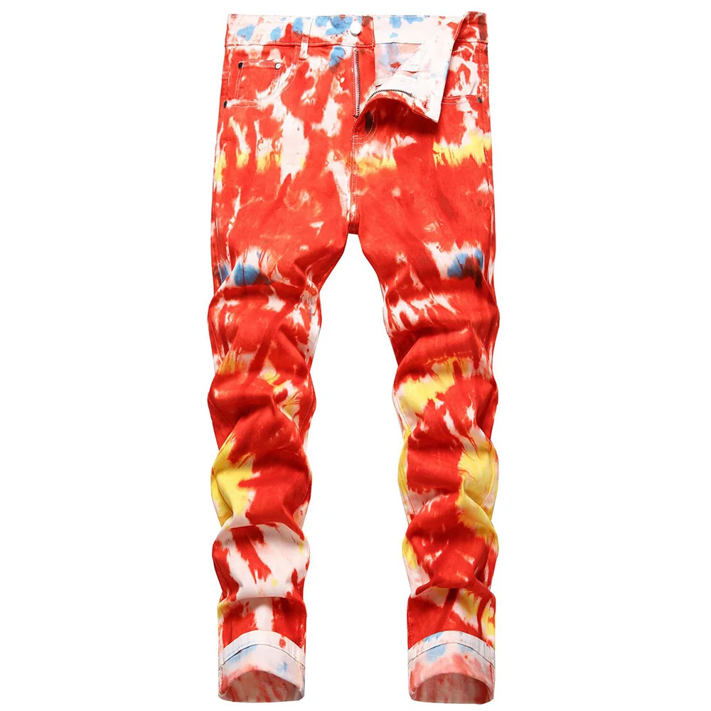 

Men Tie Dye Stretch Denim Jeans Fashion Y2K Red Contrast Colored Painted Pants Slim Tapered Print Trousers