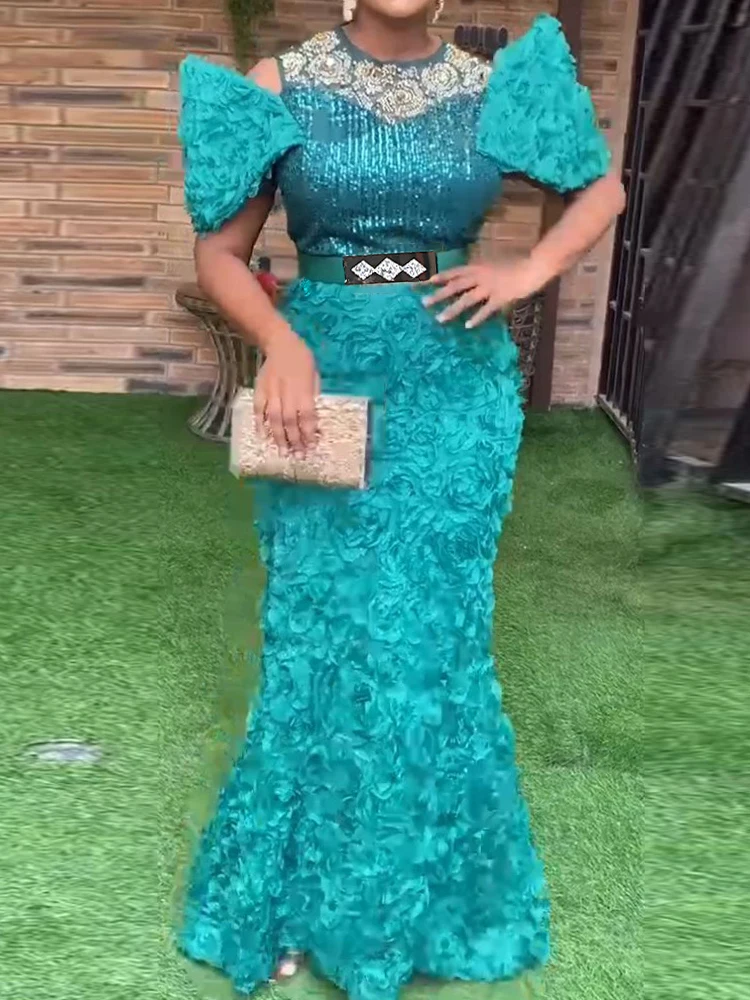 

African Dresses For Women 2024 New Elegant Bodycon Mermaid Robe Dubai Luxury Sequin Gown Africa Clothes Dashiki Ankara Outfits