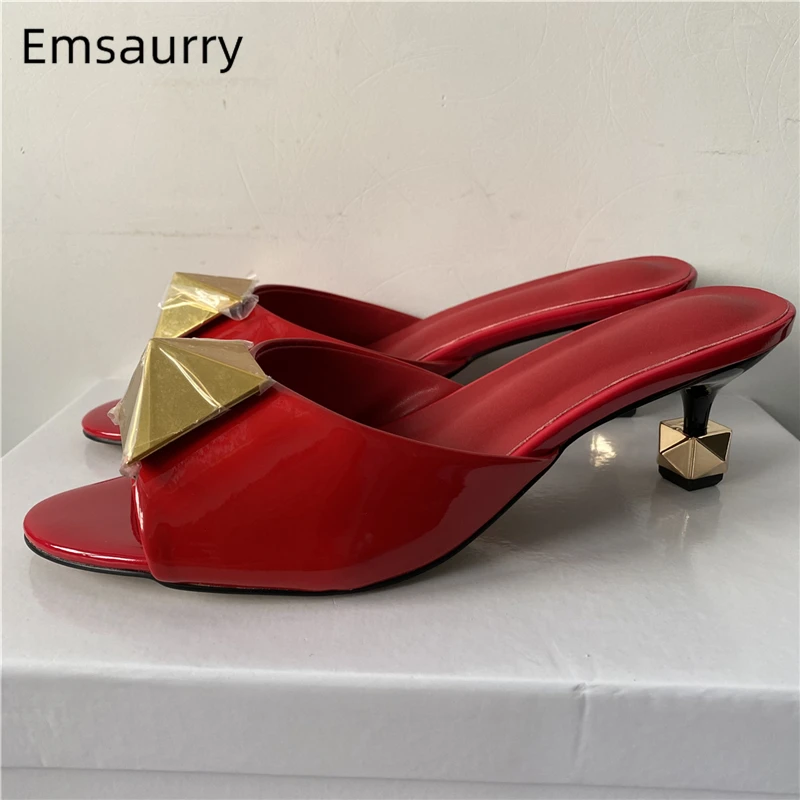 

Unique Metal Kitten Heel Summer Mules For Girls Luxury Genuine Leather Slingbacks Big Rivet Buckle Decor Sandals Women