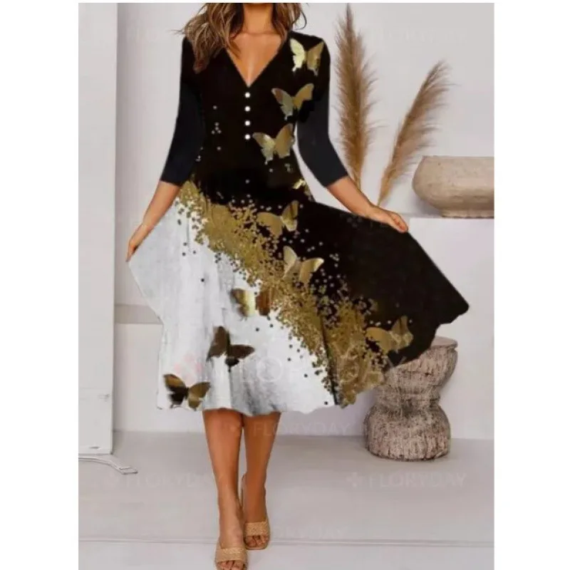 Sexy Deep V Neck Elegant Fashion Print Casual Party Dresses for Women Temperament quick-drying Midi Dress Vestidos 2024 
Sexy Deep V Neck Elegant Fashion Print Casual Party Dresses for Women Temperament quick-drying Midi Dress Vestidos 2024