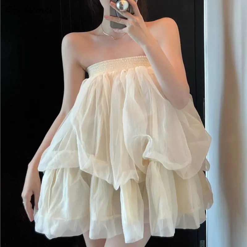 

Strapless Mini Dress Women Y2k Off Shoulder Sexy Mesh Ball Gown Princess Style Vestidos Summer Hotsweet Kawaii Party Temperament