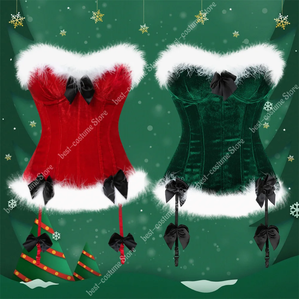 

Bustier Top Corset with Feathers White Overbust Corset Top Christmas Costume Santa Cosplay Red Green Bodices and Corsets