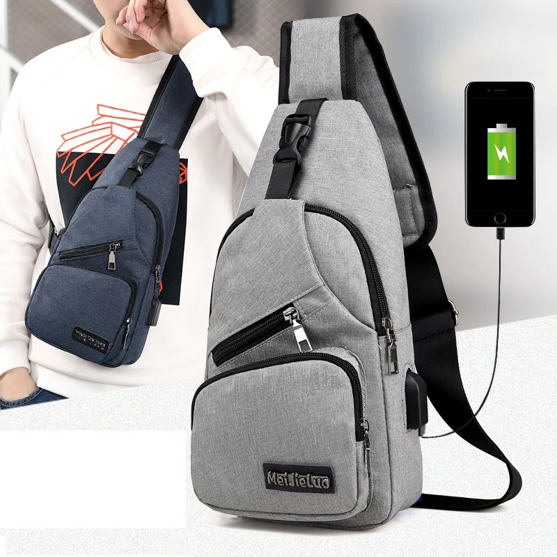 

USB Charging Canvas Crossbody Bags For Men School Chest Bag Travel One Shoulder Bag Man Multifunctional Short Trip Messenger Bag