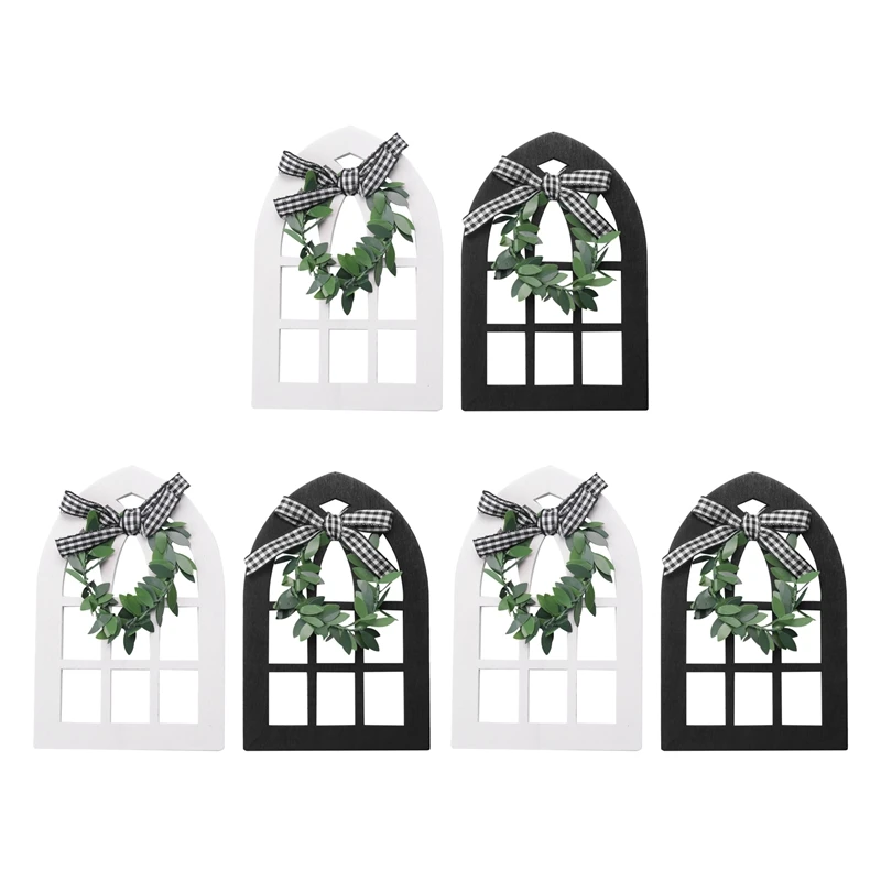 

Hot 6Pcs Wooden Farmhouse Window Tiered Tray Decoration Plaid Rustic Farmhouse Decor Cathedral Arch Window Shelf Photo Prop