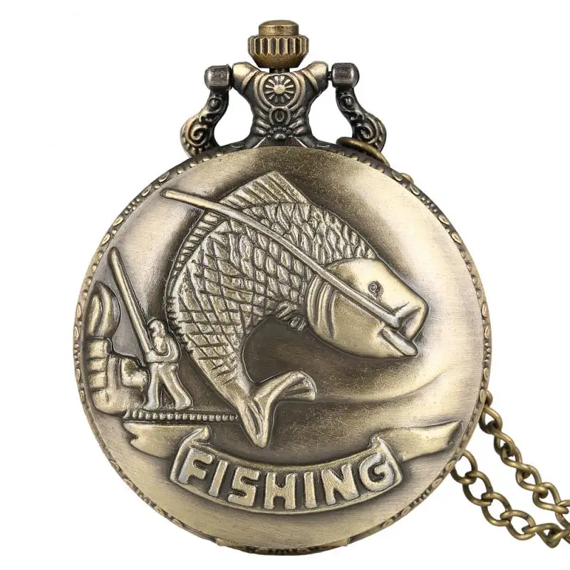 

Men Leisure Fish Carved Pocket Watch with Chain Bronze Antique Pocket Watch for Fishing Quartz Pendant Necklace Clock