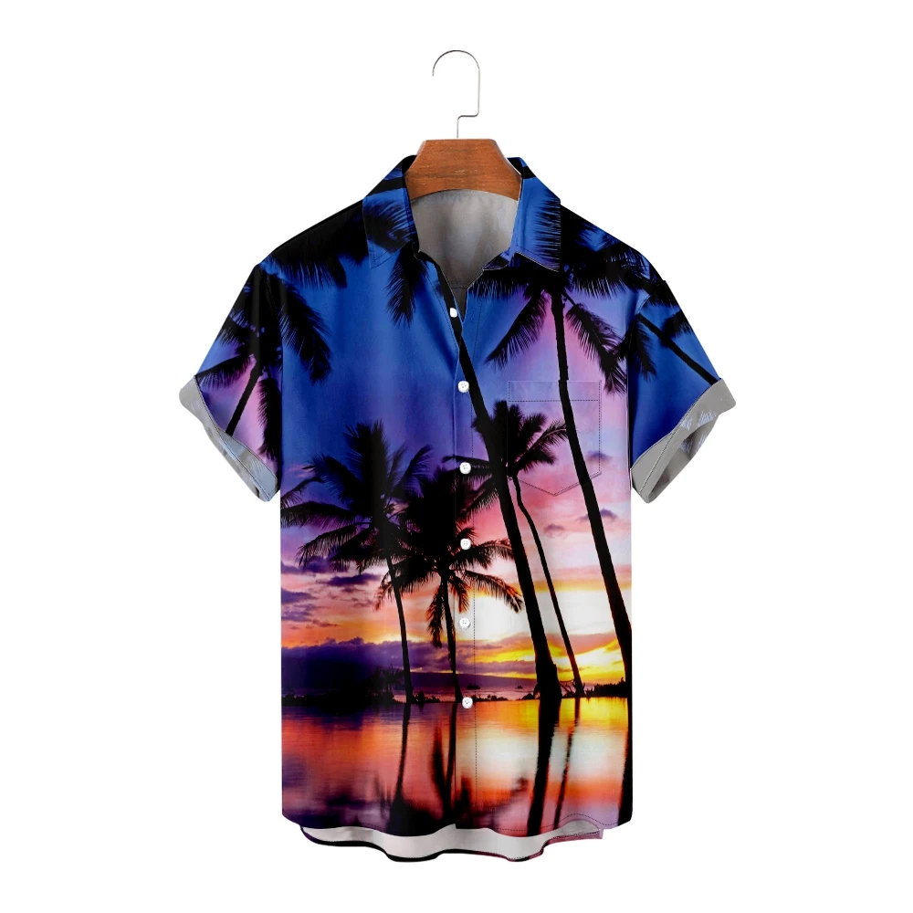 

Hawaiian Casual Button Down Shirts For Men Coconut Palm Color Block Turndown Outdoor Street Short Sleeve Shirt