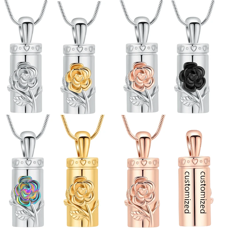 

Urn Necklace Cylinder Engraved Rose Cremation Pendant Urns Stainless Steel For Ashes Romantic Women Gift Jewelry Memorial