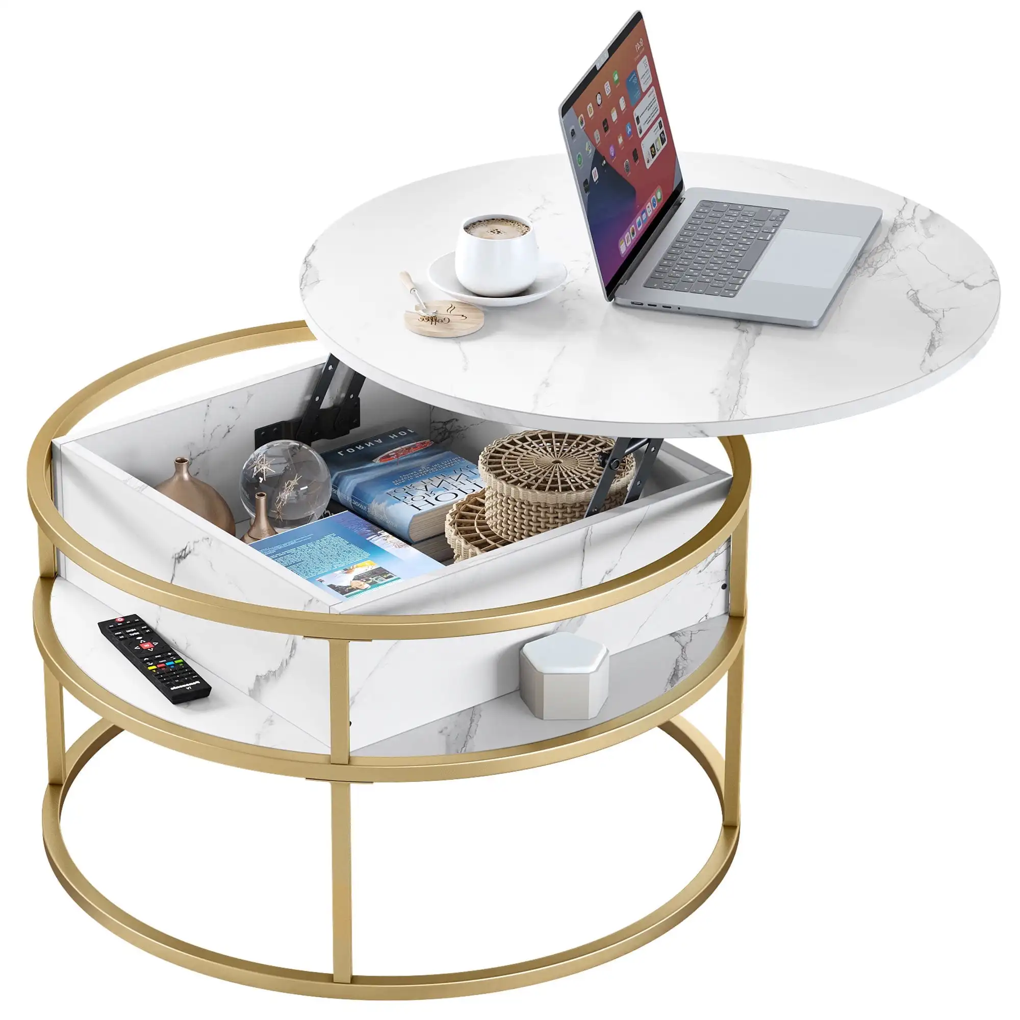 

Dextrus Round Lift Top Coffee Table, Marble Center Tables with Hidden Storage Compartment for Living Room/Home Office, White