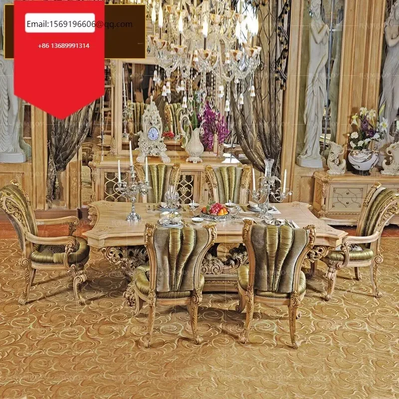 

European-style carved solid wood long dining table Italian villa furniture French high-grade dining table and chair combination