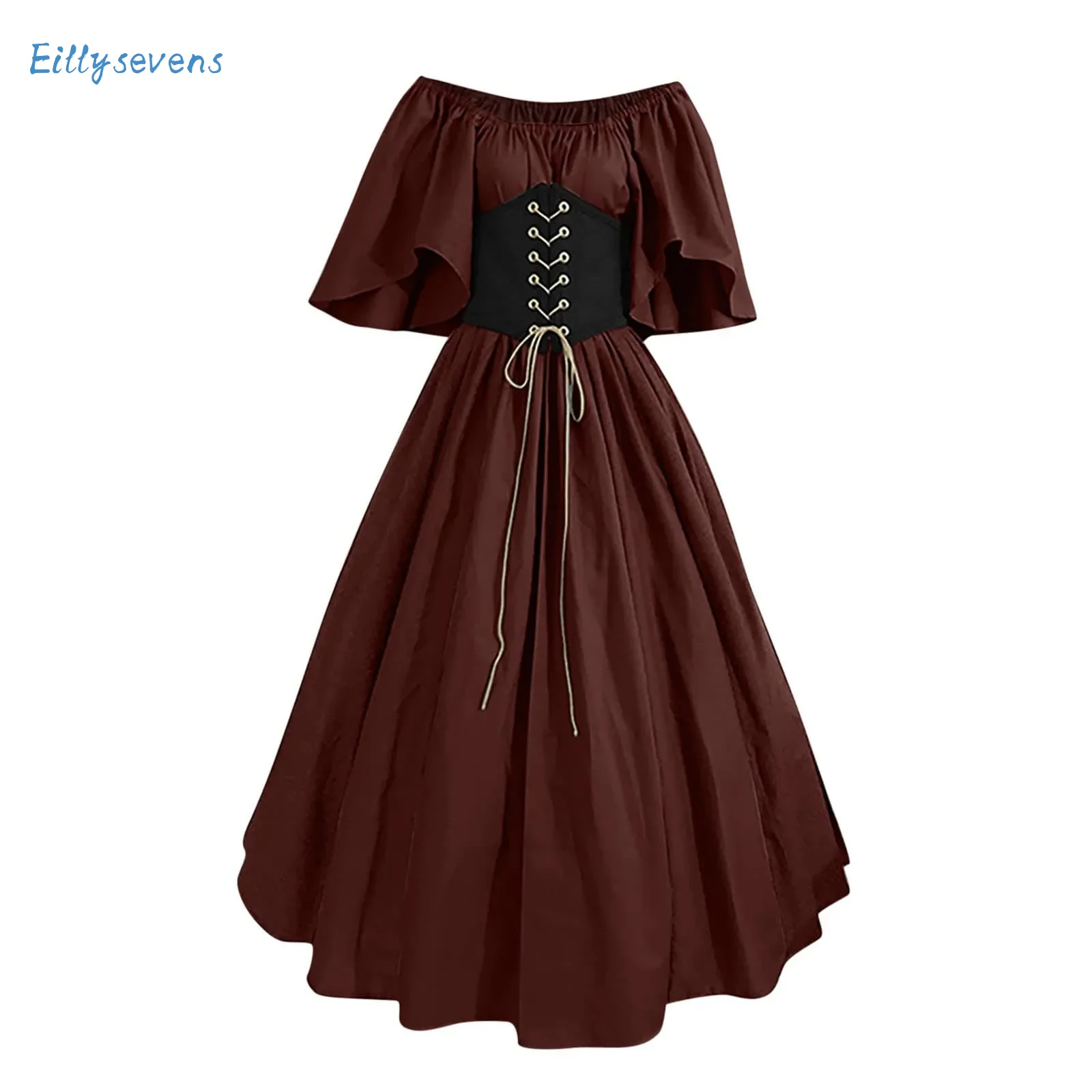

Medieval Retro Dresses Trend Matching Color Slim Fitting Skirt With Flying Sleeves Large Swing Skirt One Shoulder Dress