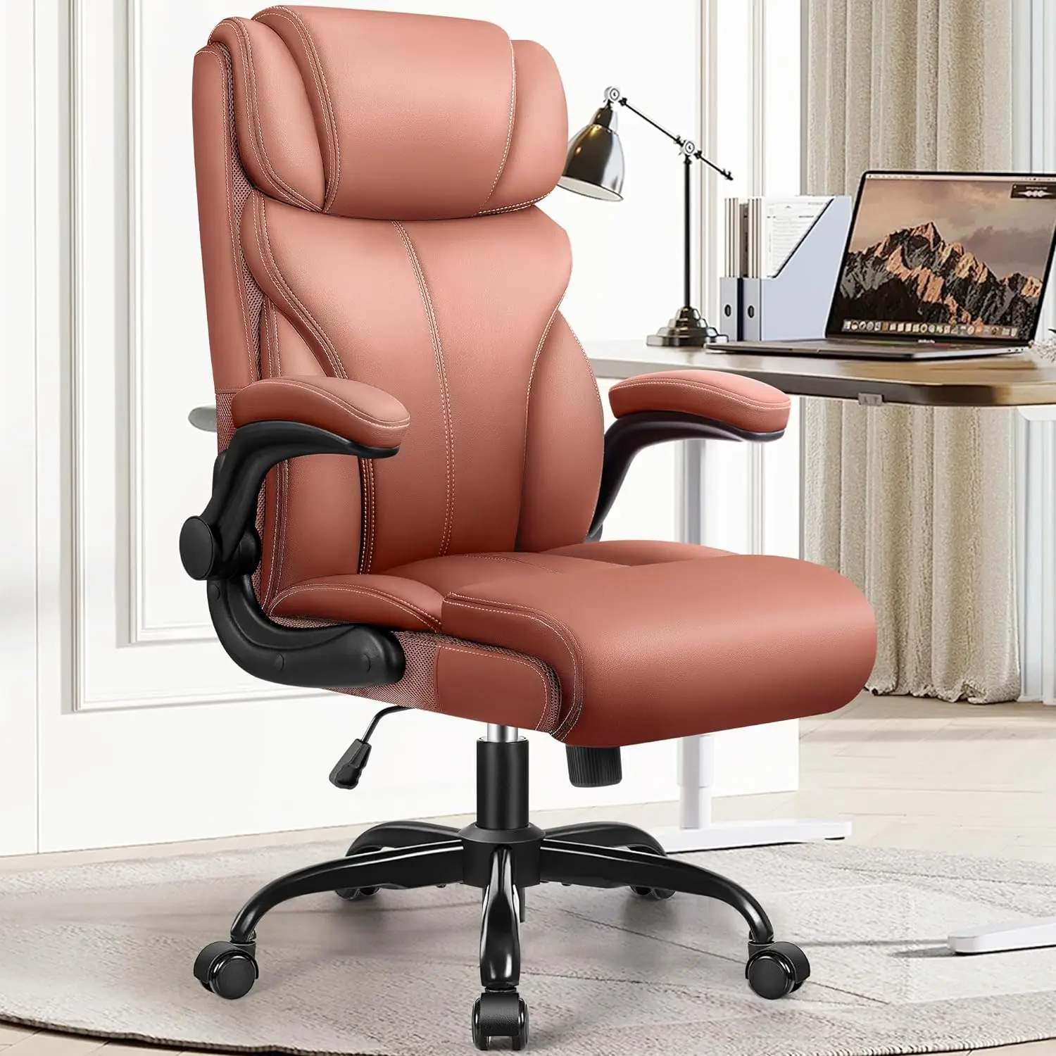 

Office Chair, Ergonomic Big and Tall Computer Desk Chairs, Executive Breathable Leather Chair with Adjustable High Back Flip-up