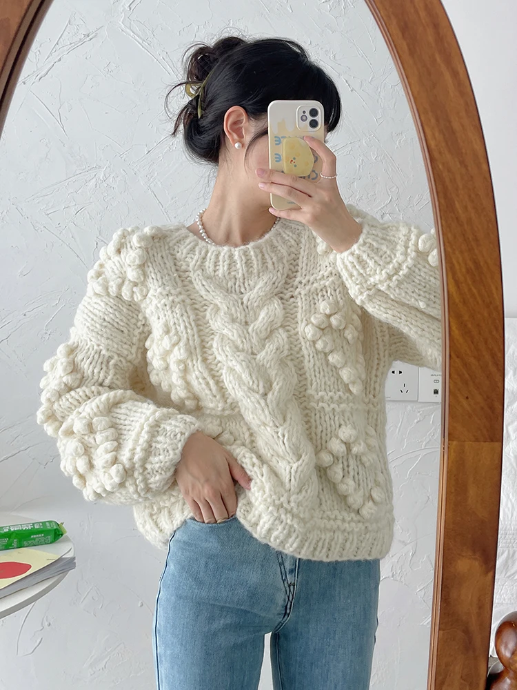

Women Handknit Cable Bubble Chic Retro Crew-neck Chunky Sweater 2024 Spring New In Vintage Pullover