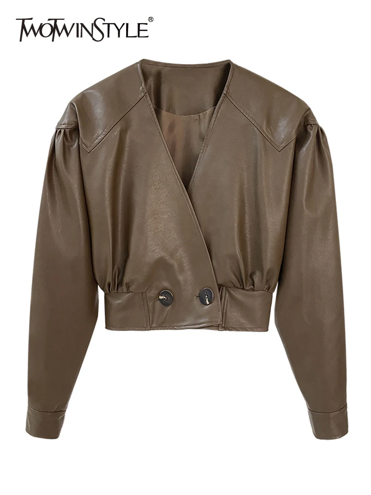 TWOTWINSTYLE Casual PU Leather Jacket For Women V Neck Long Puff Sleeve Solid Minimalist Jackets Female Autumn Clothing New 2022 
TWOTWINSTYLE Casual PU Leather Jacket For Women V Neck Long Puff Sleeve Solid Minimalist Jackets Female Autumn Clothing New 2022