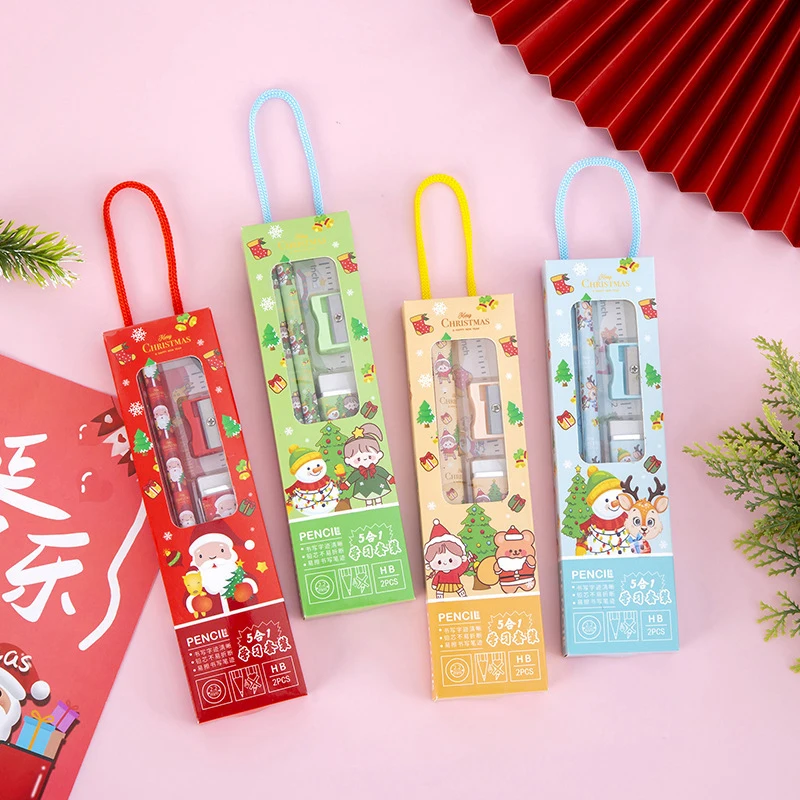 

5Pcs/set Christmas Series Kids Stationery Students Ruler Pencil Eraser Pencil Sharpener Kit School Rewards Supplies