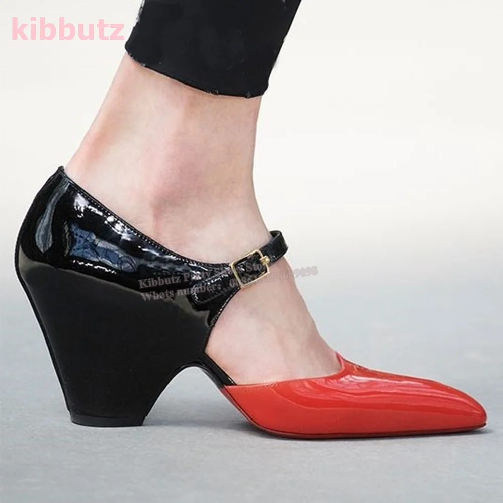 

Color Blocking Patent Leather Pumps Pointed Toe Hollow Slope With Sandals One Word Buckle Strap Shallow Fashion Runway Show Sexy