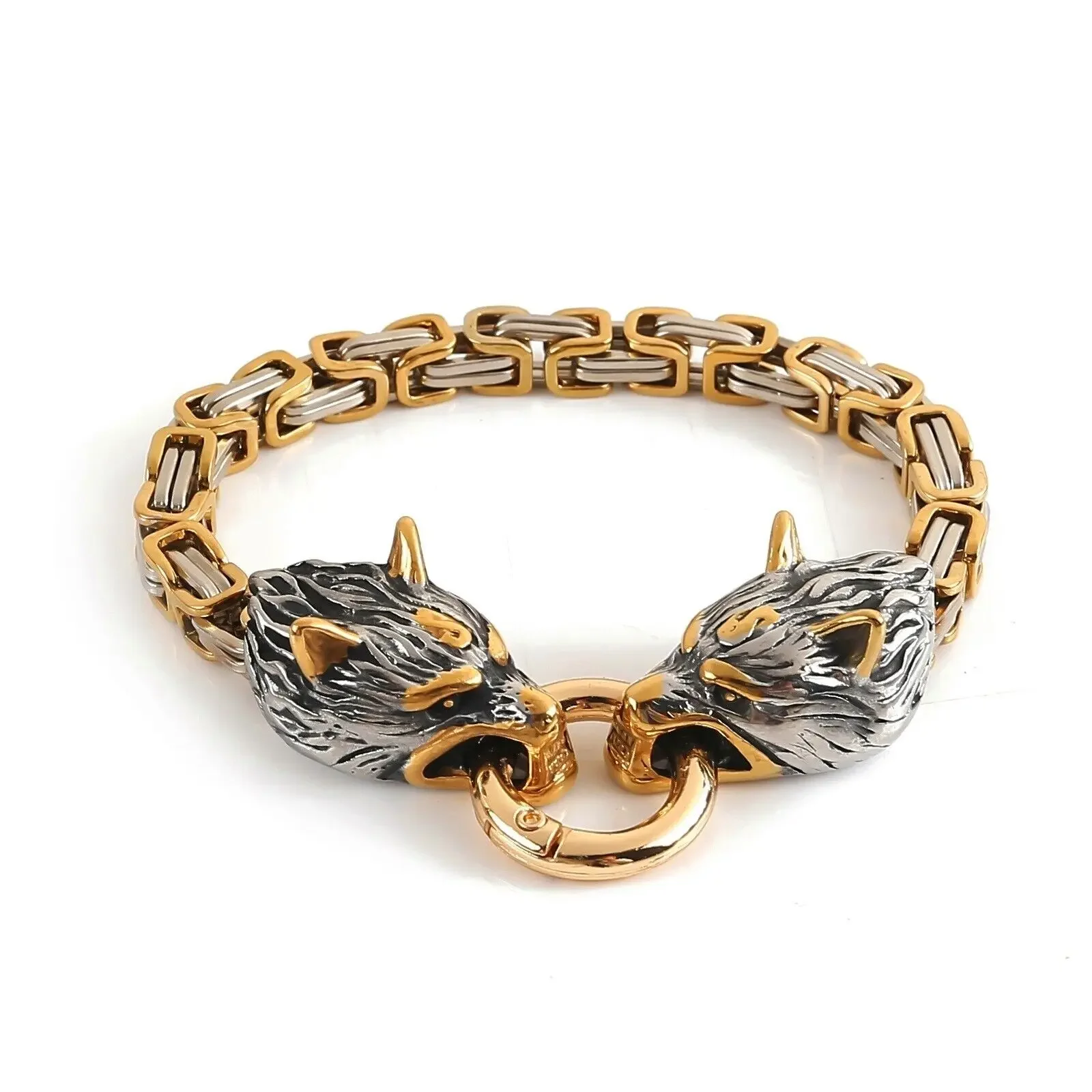 

CHUANGCHENG Vintage Stainless Steel King Chain Viking Fenrir Wolf Head Byzantine Link Bracelet for Mens Chains Jewelry