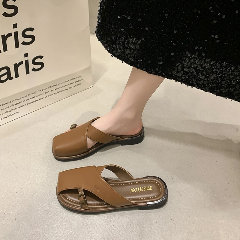 

Flats Women Mules Shoes Slippers 2024 Summer Fashion Square Toe Casual Outdoor Sandals Slingback Flip Flops Zapatos Mujer Slides