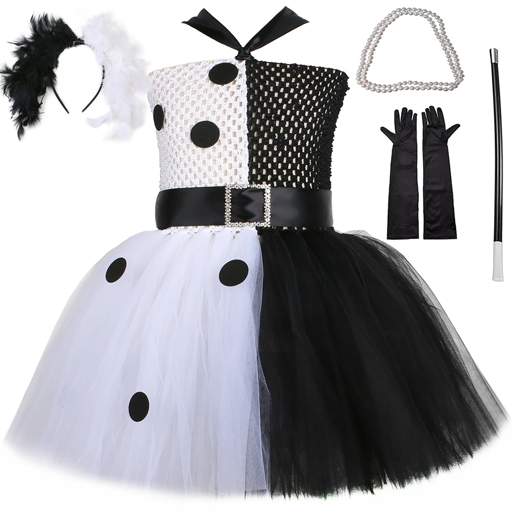 

Cruella De Vil Tutu Dress Girls Dalmatians Black White Witch Cosplay Halloween Costume Kids Fancy Carnival Party Clothes Outfit