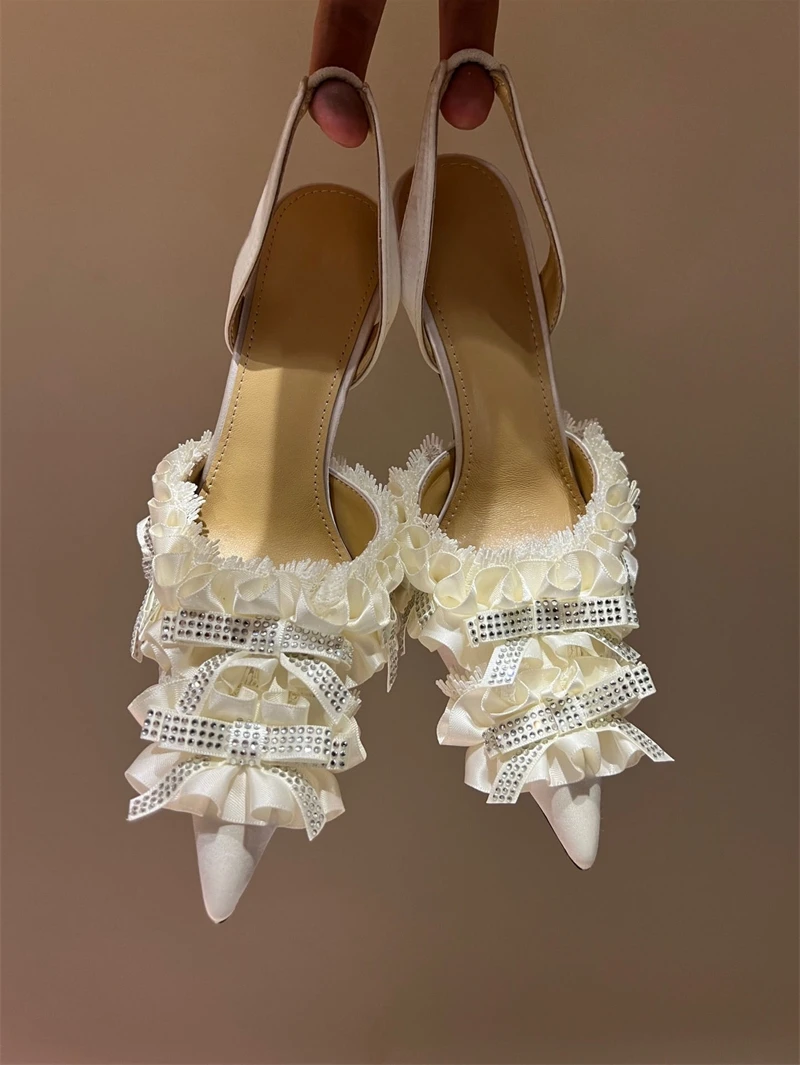 

Silk high-heeled sandals for women's summer new pointed rhinestone bow decoration lace lace lace sexy high-heeled shoes