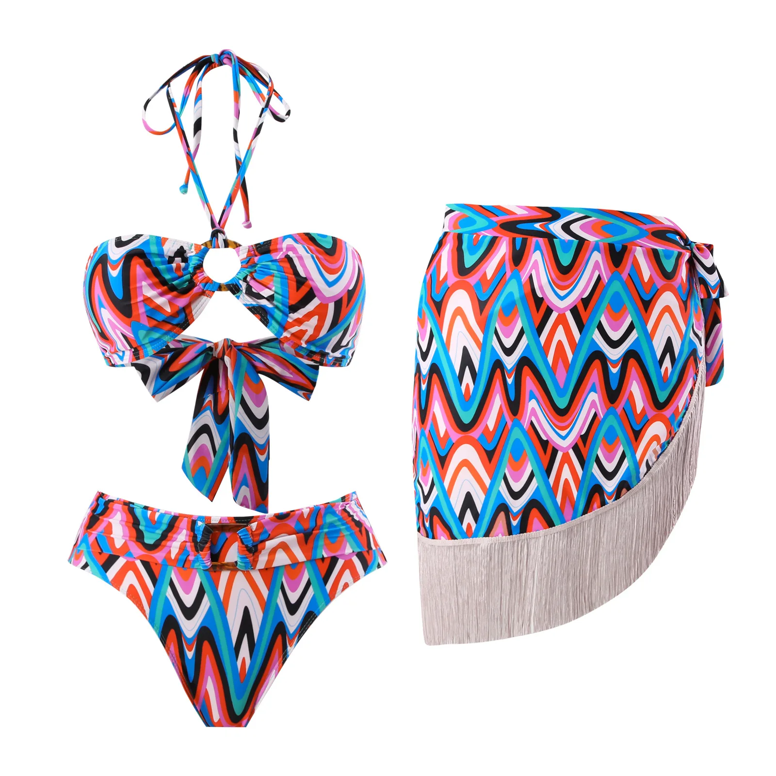

High Waist Swimsuit 3 Pieces Sets Bikinis+Sarong Skirt Women 2024 Biqunis Tassel Swimwear Beach Bathing Suit Monokini Summer